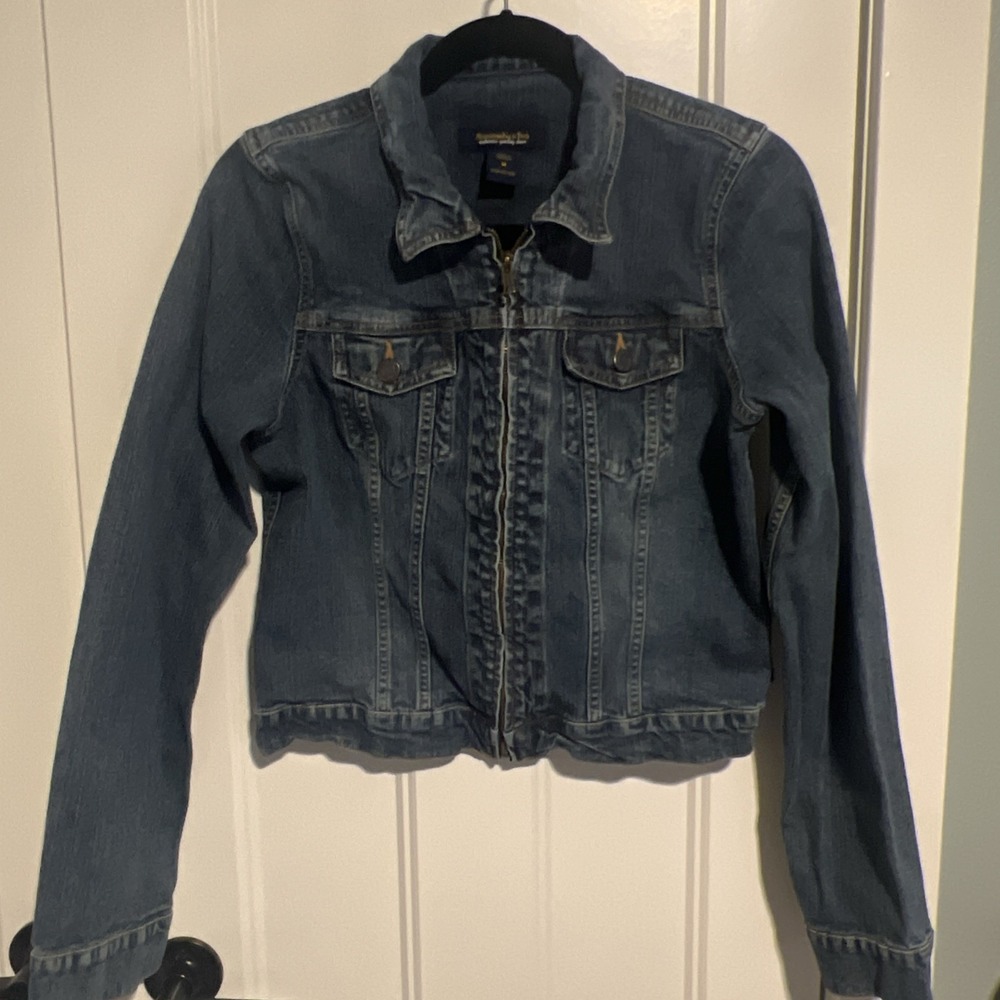 ABERCROMBIE & FITCH Women Medium Blue Stretch Denim Full-Zip Cropped Jean Jacket